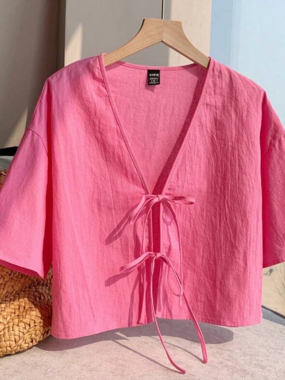 SHEIN Bright Pink Tie-Front V-Neck Blouse